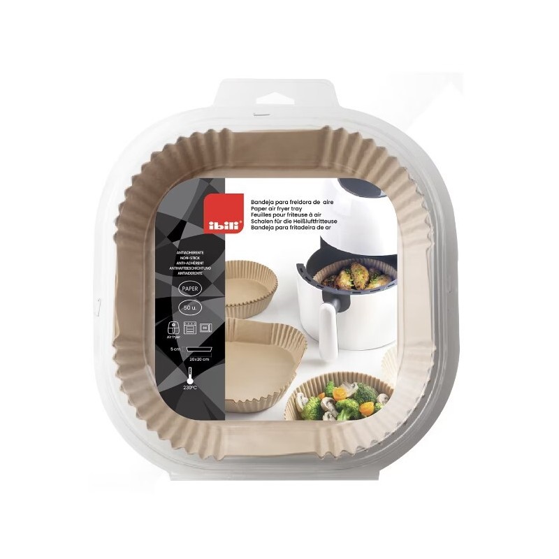 688520 50ud BANDEJA DESECHABLE CUADRADA PARA FREIDORA DE AIRE 20x20x4,5cm IBILI