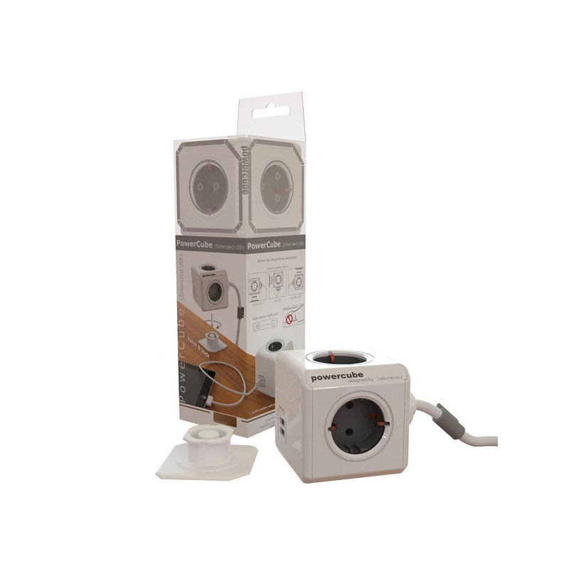 1402 LADRON CON ALARGO POWER CUBE + 2 USB GRIS