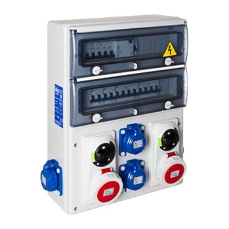 1332P-CPI1204 CUADRO OBRA 40A 4 SCHUKOS 2P+T Y 2 TOMAS 3P+N+T IP67 CON PROTECCION SOLERA