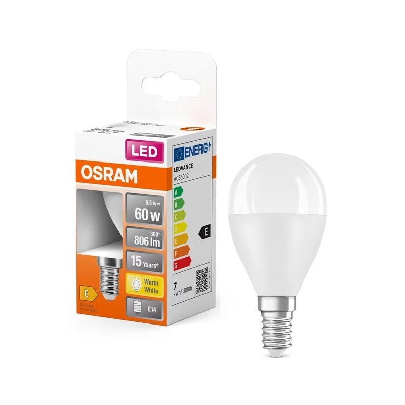 428522 LAMPARA ESFERICA LED E14 7,5W 2700K STAR OSRAM